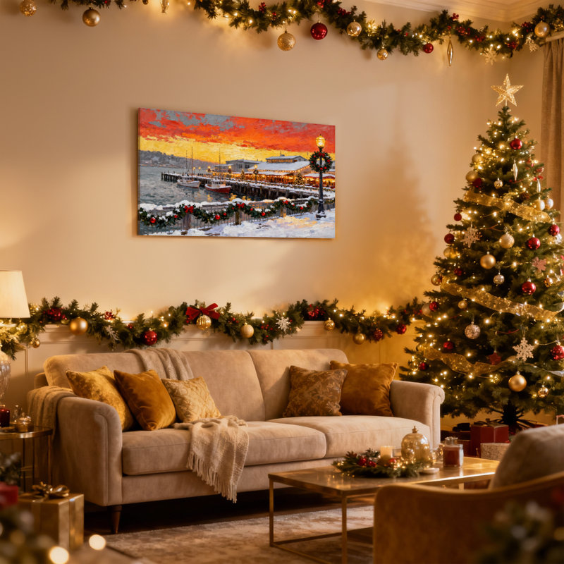 «Christmas Winter Harbor Sunset», ensemble de 3 reproductions d'art sur toile, H 16 po x l 24 po