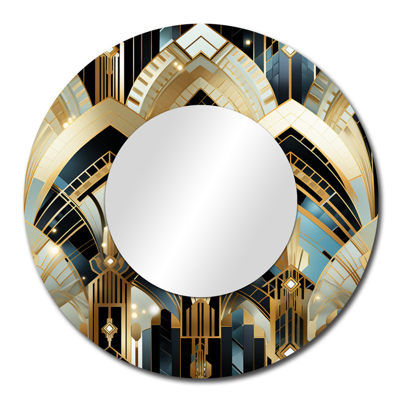 Ruenell années 1970 bleu et or damassé art déco - miroir en marbre, 29 po x 29 po