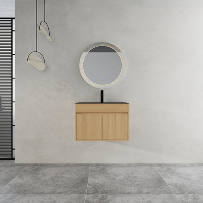 28" Wall Mounted Bathroom Vanity / Laundry Utility Cabinet, w/ Stainless Steel Sink and Flexible Drain Pipe, 2-Soft Close Door, Oak, Plywood, KD-Packing