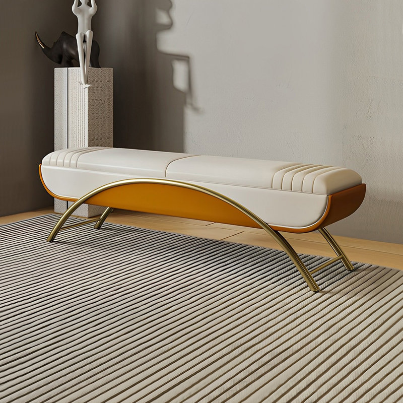 Banc rembourré avec tabouret italien, Orange / blanc cassé, H 18,50 po x l 59,05 po x P 16,92 po	