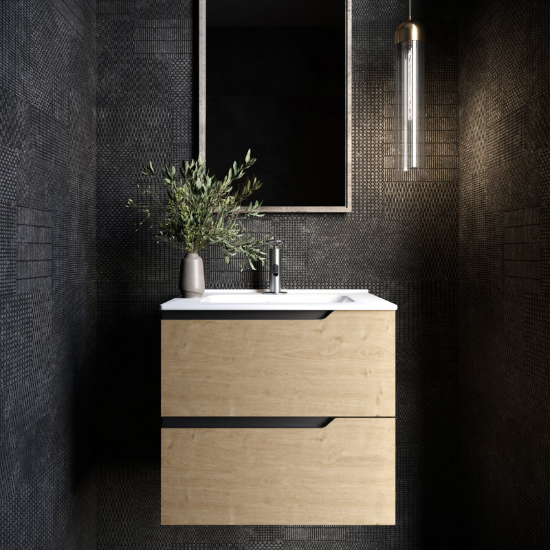 Duo 24" Single Vanity With Integrated Ceramic Top, Blonde Wood, 24", White