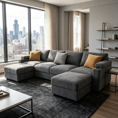 Canapé d'angle modulaire surdimensionné en forme de U de 295 cm (116 pouces), 6 places, confortable, en chenille, avec assise profonde et pouf amovible.