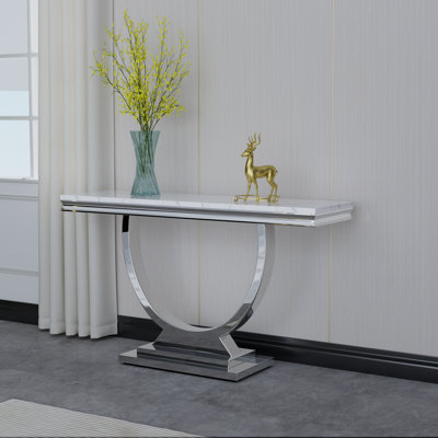 4 Pieces Living Room Table Set, White Faux Marble Coffee Table with 1 End Side Table & 1 Console Table, Modern Coffee Table Set of 4 with Stainless Steel Base for Apartment Home Office