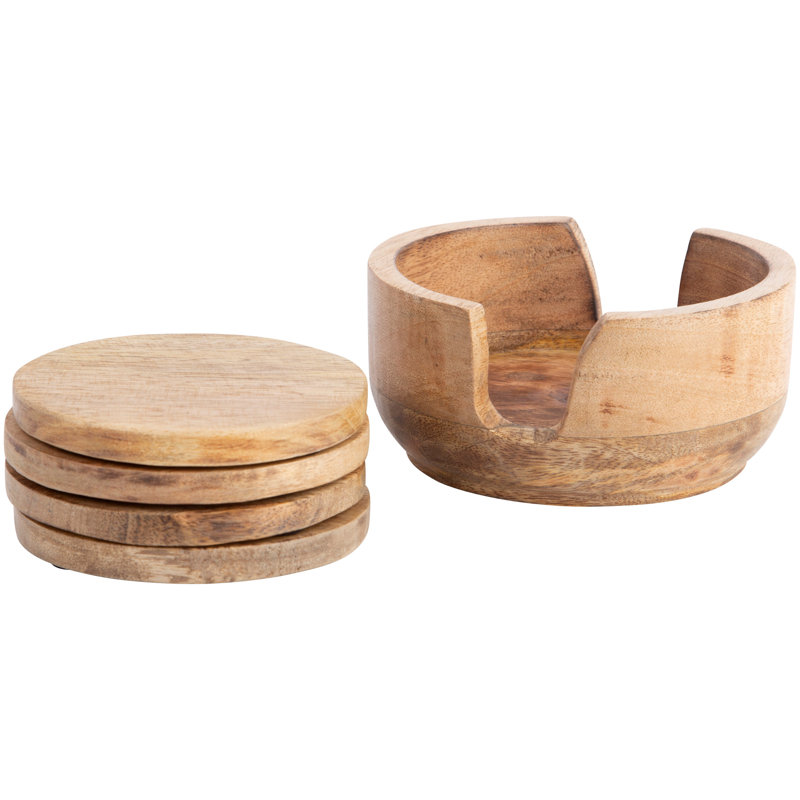 Wood Round 4 Piece Coaster Set With Holder