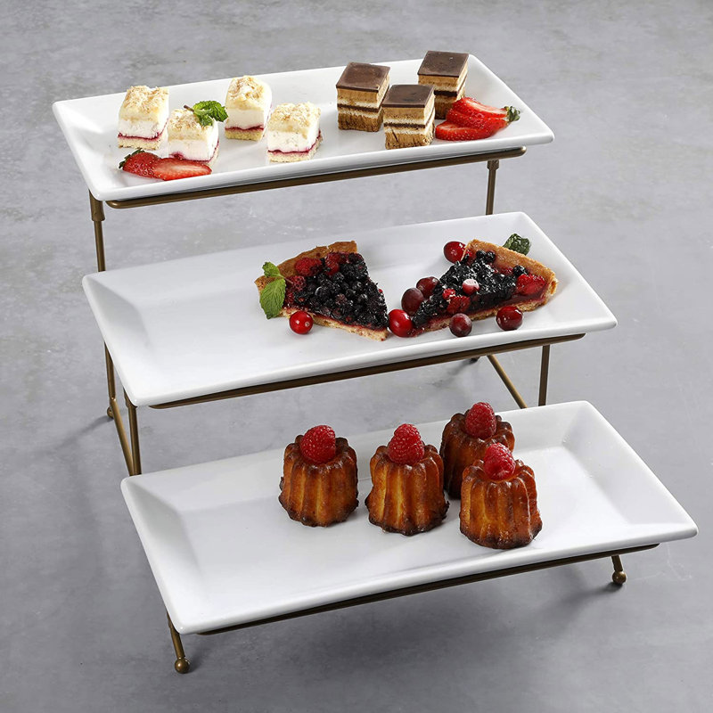 Winston Porter Elite Gracious Dining 3 Tier Rectangular Serving Platter Cake Stand, Gold