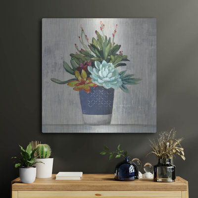 «Succulent Still Life 1 Navy» par Julia Purinton, art mural en métal, 24 po x 24 po