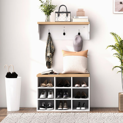 21 Shoe Bench, Coat Rack, 9 Pair Storage Cabinet, White, Hallway, Compact Design, Space, Strong Support Structure Hall Tree,