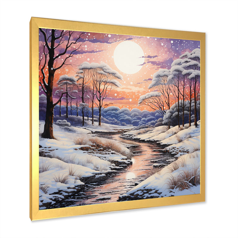 Winter River At Night II - paysages, reproduction sur toile, H 30 po x l 30 po x P 1 po, Cadre doré à une seule photo