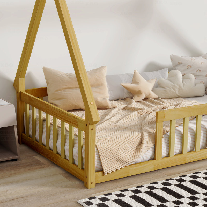Twin Bed, Tent-Shaped Floor, with Guardrails,Slats, Brown