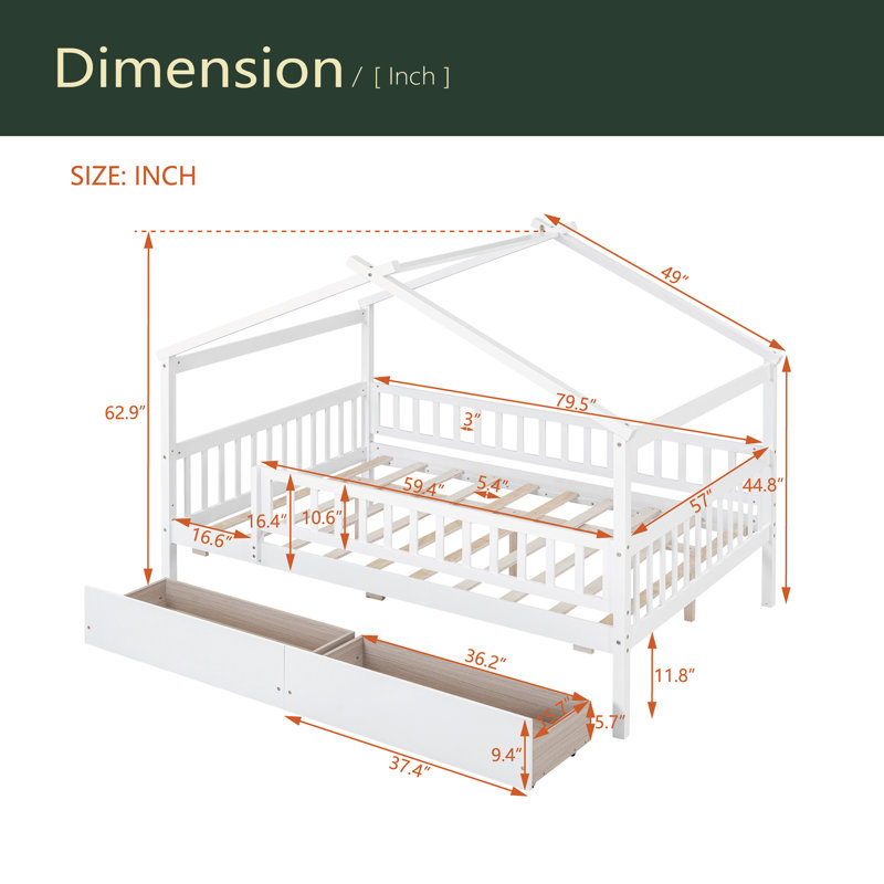 Full Size Wooden House Bed With Two Drawers, White
