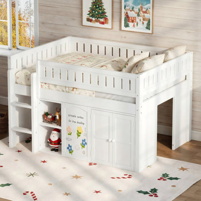Full Size Wooden Loft Bed (White Or Natural) With Storage Shelf, Cabinet And Chalkboard Panel For Kids Bedroom by Latitude Run