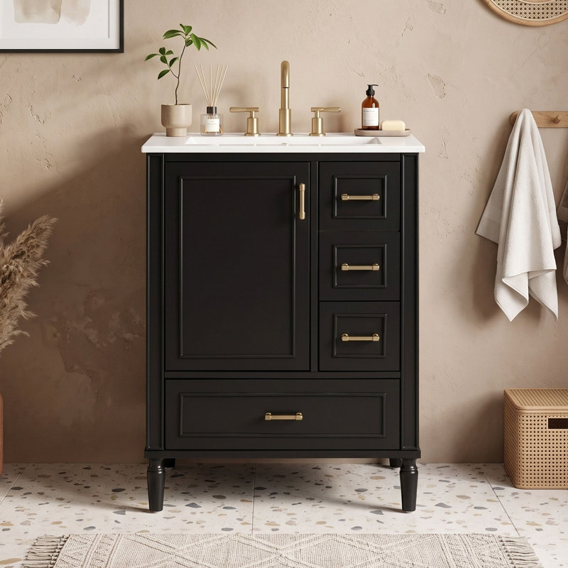 Meuble-lavabo de salle de bain avec lavabo en céramique et 3 tiroirs, Noir