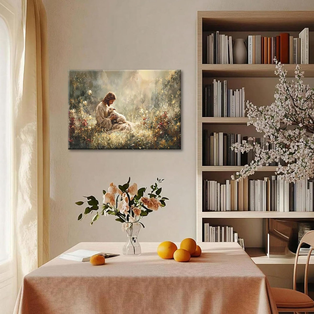 Jesus and Lamb Canvas Wall Art Jesus Holding The Lost Lamb Wall Decor Good Shepherd Poster God Leaves the 99 Sheep Pictures Christian Religious Painti