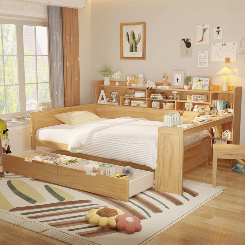 Lit de jour en bois avec tablettes de rangement, tiroirs et bureau Dexter, Lit simple, Naturel