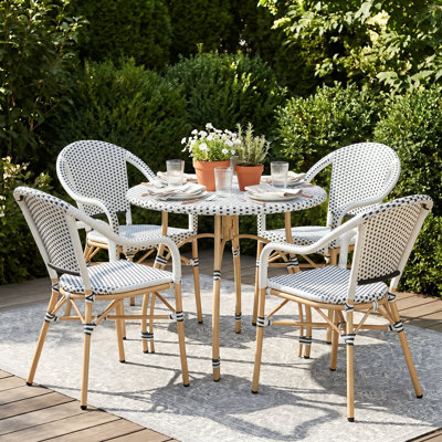 Altesa All Weather Indoor/Outdoor Commercial Patio Dining Sets With Rattan Round Table And Armrest Stacking Chairs