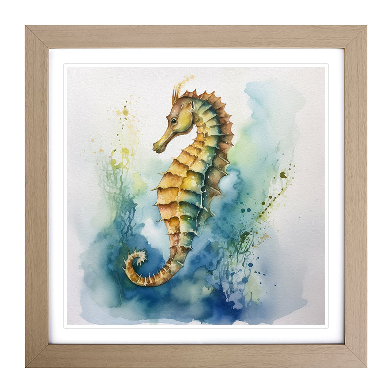 Seahorse Watercolour No.1 - Single Picture Frame Print on Wood, Oak