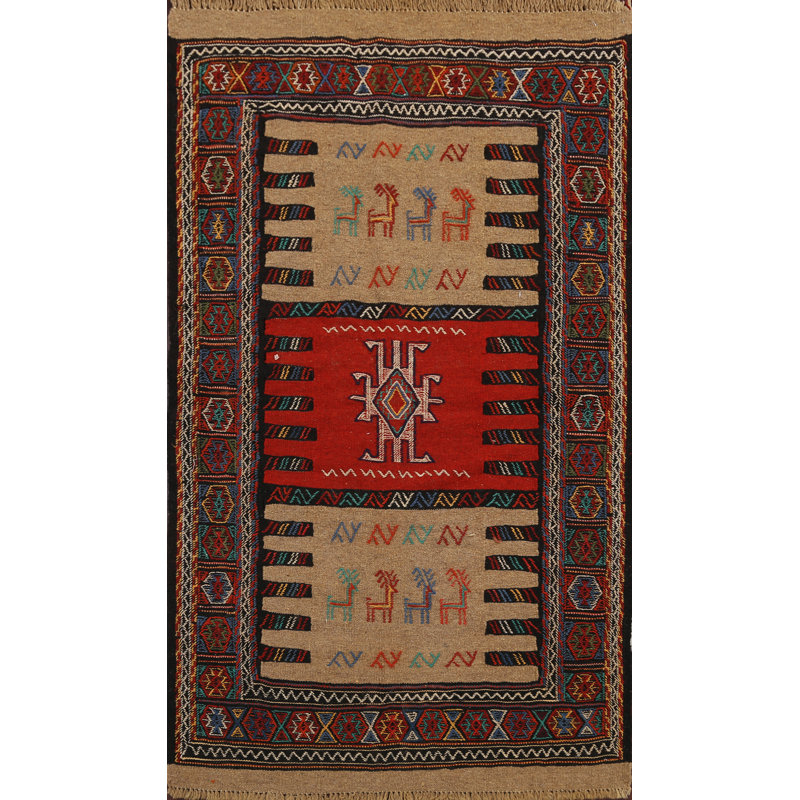Tapis rouge / noir / brun en laine fabriqué à la main Kilim