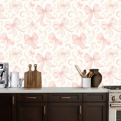 Peel and Stick Wallpaper Elegant Pink Bow Ribbon Light Contact Paper Removable Self Adhesive Wall Mural Wall Decor for Bedroom Kitchen Cabinets 17.7in x 118in