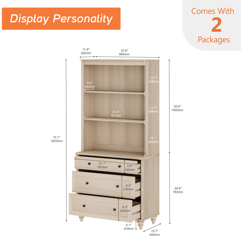 Scarlett 72.1"H X 33.9"W Bookcase With 3 Drawers, Tall Book Case Shelf With 3-Tier Open Book Shelfs, Large Wood Bookcases Farmhouse Bookshelves For Living Room Bedroom Home Office Kitchen