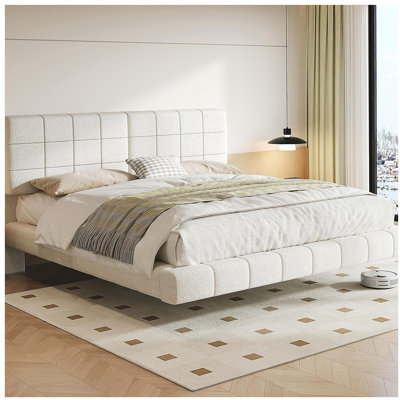White  Boucle Floating Bed with Light,Queen