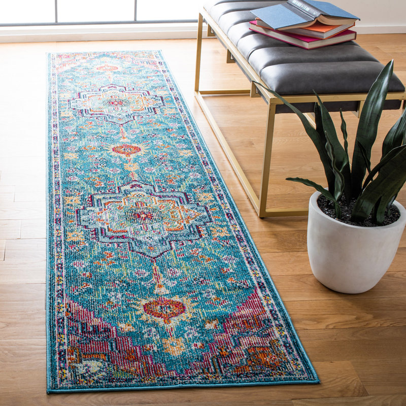 Tapis bleu sarcelle / rose / orange à motif oriental Gonzalez, Rectangle 2 pi 2 po x 5 pi
