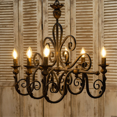 Lustre 6 lumières en fer forgé rétro - Plafonnier de style campagne américaine pour le salon, la salle à manger, la chambre à coucher