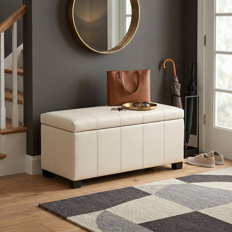 Repose-pieds rectangulaire avec rangement relevable Dover, Similicuir satiné crème