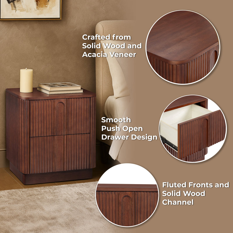 Potomac Reeding Pattern 2-Drawer Push-to-Open Nightstand with Solid Wood and Modern Bedside Accent Storage, Walnut