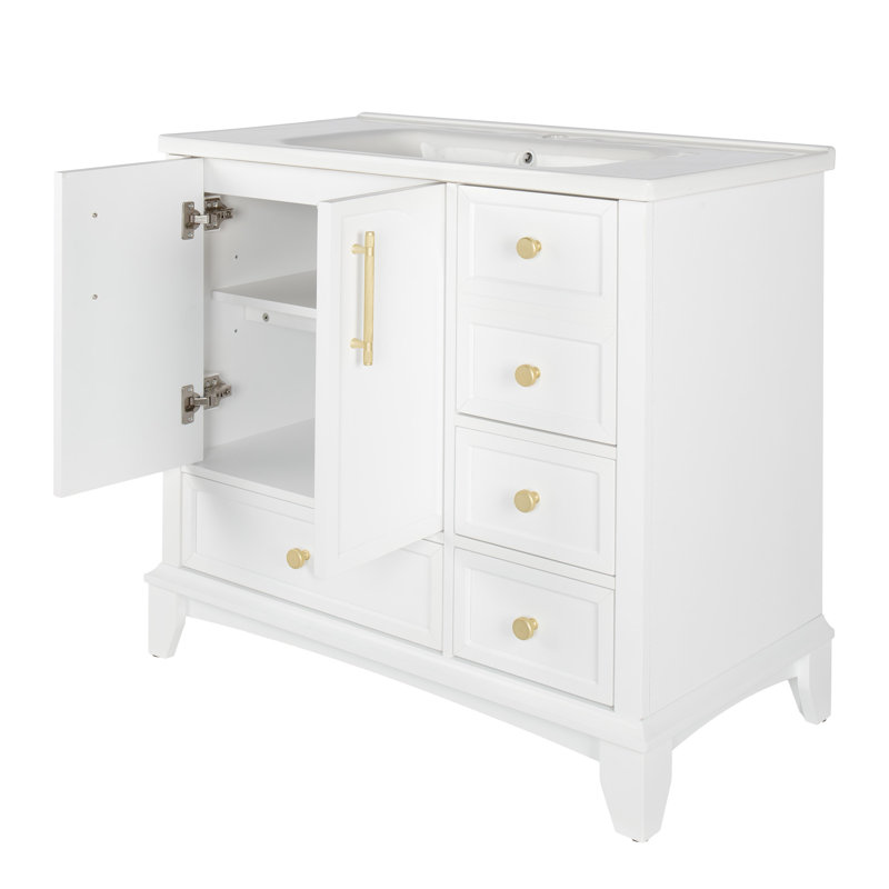 Meuble-lavabo de 35,6 po, style Mid-Century, autoportant, finition peinte, grand espace de rangement, lavabo profond, tablettes réglables, surface d'usure intégrée White Century, blanc, facile à installer