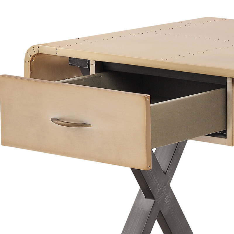 Bureau en aluminium doré à la mode avec cadre en métal stable et base en X en forme de gris avec tiroir de rangement