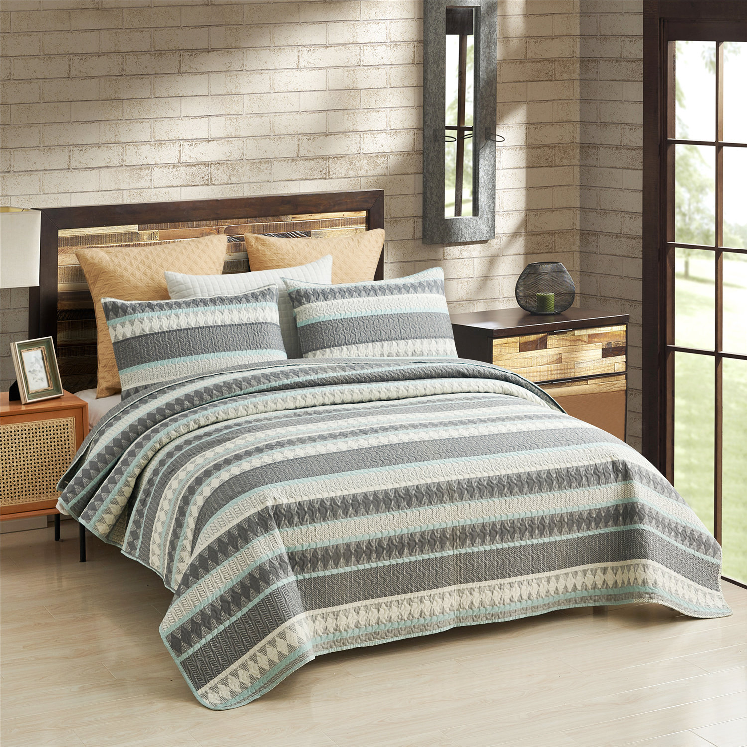 Union Rustic Alexana Stripe Grey Green Microfiber 3 Piece Quilt