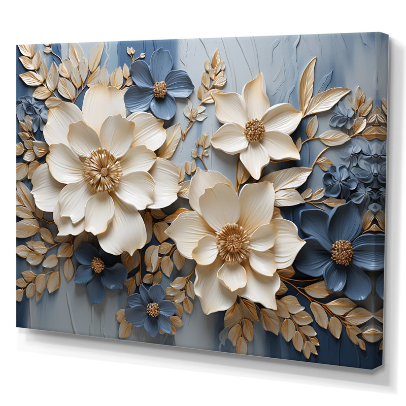 Composition de fleurs saisonnières beige et bleu - Fleurs saisonnières, Toile tendue, H 16 po x l 32 po x P 1 po