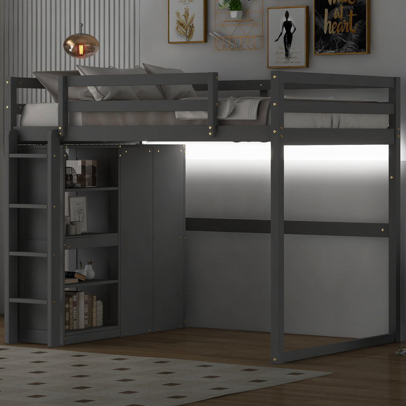 Lit mezzanine double avec rangement, Gris