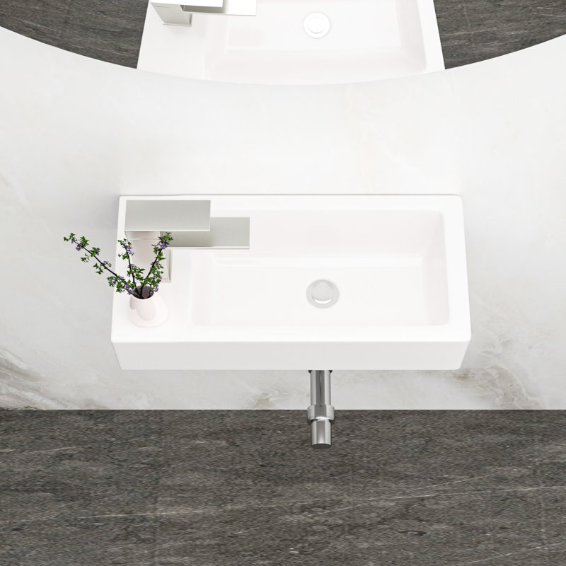 Lavabo de salle de bain mural en céramique blanche - 14,27 x 7,07 po rectangulaire, teinture, faible absorption d'eau, résistance aux acides, lavabo moderne avec trou de robinet, lavabo rectangulaire à fixation, teinture et absorption