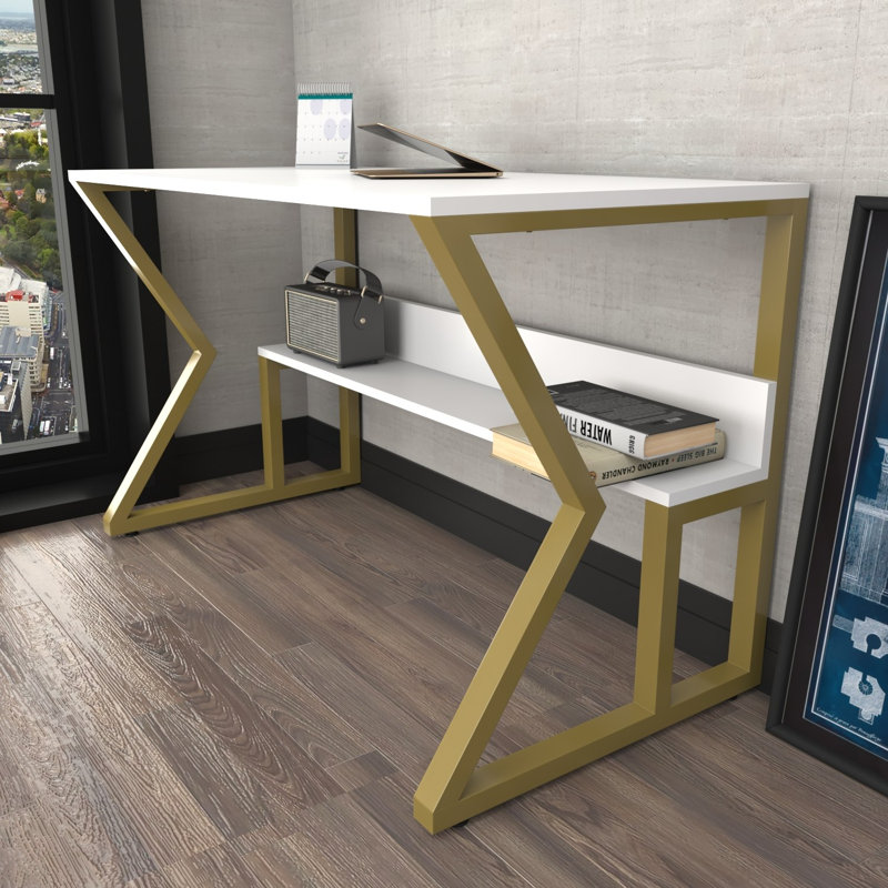 Bureau d'étude moderne en blanc et or, 47,2 x 28,7 x 23,6 pouces | 100% panneau de particules enduit de mélamine, épaisseur: 0,7 pouce | Conception élégante pour le bureau à domicile, solution de travail durable et élégante