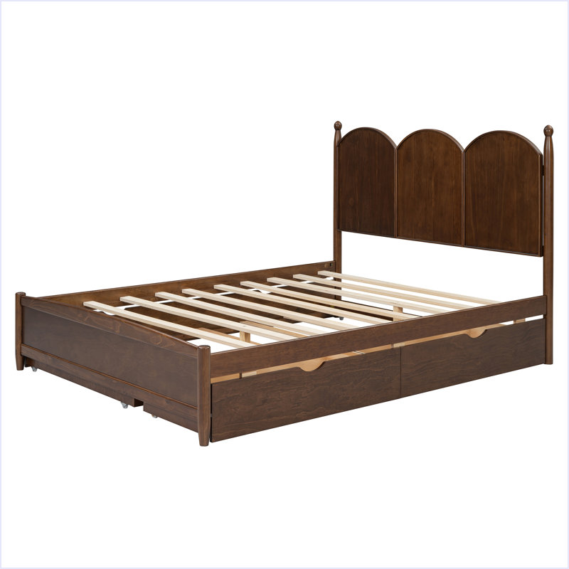 Queen Size Platform Bed With With 2 Big Drawers, Walnut