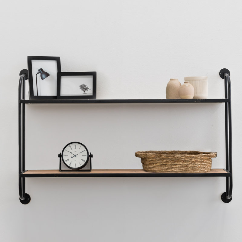 Emery Wood & Metal 2 Tier Wall Shelf, Black, 25" H x 38" W x 8" D