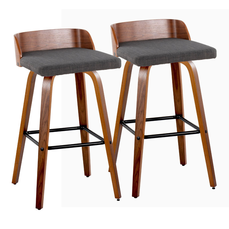 Maya 30" Mid-Century Modern Fixed-Height Barstool With Swivel In Walnut Wood And Charcoal Fabric With Square Black Metal Footrest By Lumisource - Set Of 2