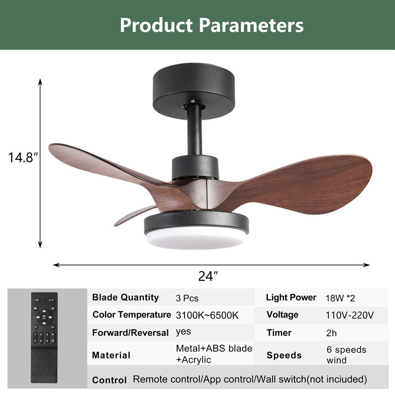 24" Small Ceiling Fan With Light Remote Control ,Modern Low Profile Ceiling Fan, 6-Speeds Quiet Reversible Dc Motor For Bedroom,Kitchen