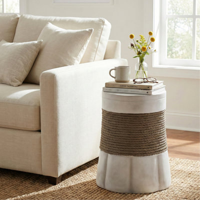 Retro - Style Side Table With Woven Rope And Fan Base, Compact Functional For All Areas Brown Grey Indoor Outdoor