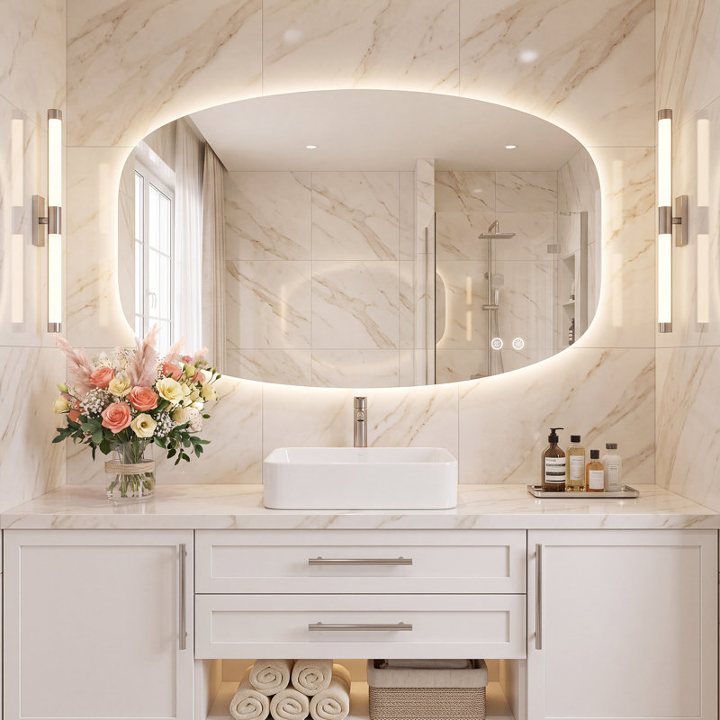 Miroir de salle de bain mural carré ovale à DEL en verre trempé anti-buée - Certifié UL, 30"*48"