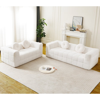 Canapé moderne sans os avec deux coussins décoratifs circulaires, tissu en polyester à poils longs texturé litchi doux pour la peau, canapé en mousse à carreaux