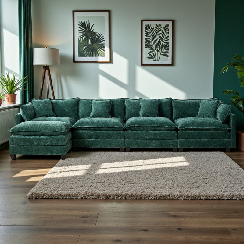 Geneveve 150"W Chenille Upholstered Sofa With Ottoman, 6 Compressed Pillows & Compressed Foam Cushions, Green