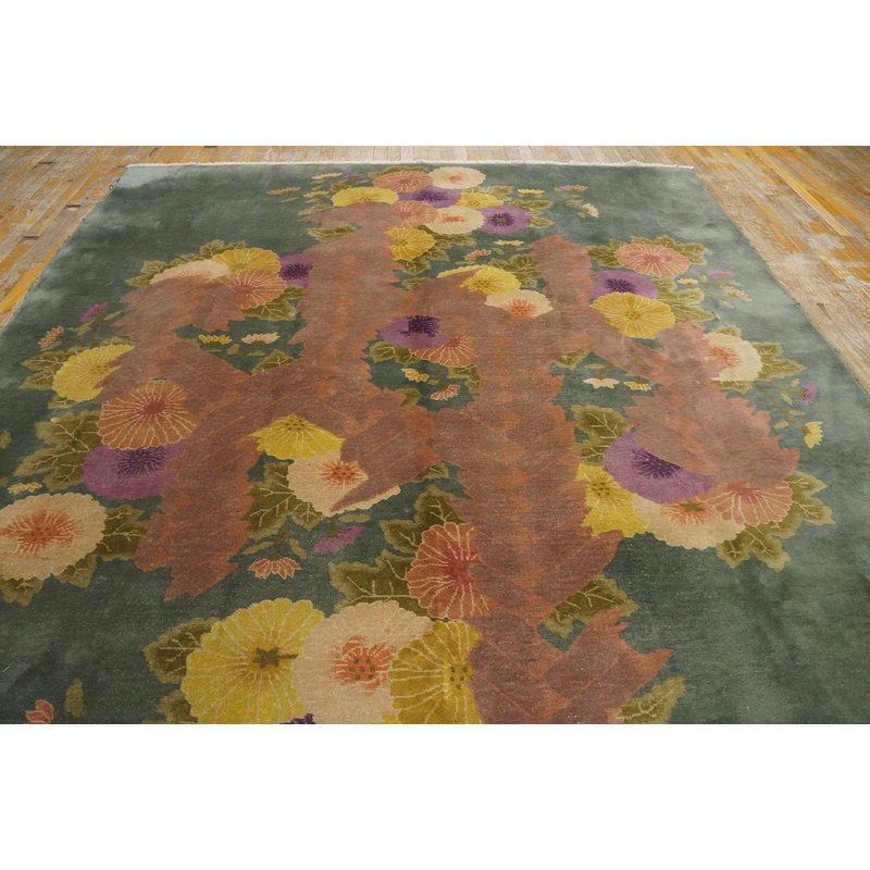 Tapis art déco chinois artistique à motif floral sarcelle