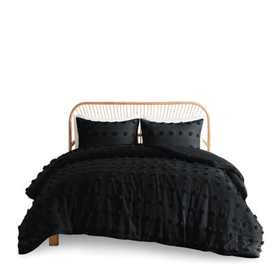 3 Pcs Black Full/Queen Clip Duvet Cover With Microfiber Reverse And Button Closure In - Reverse, Playful Details, Machine Washable