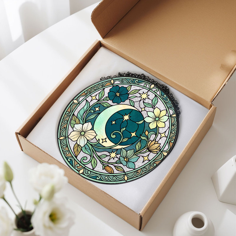 Vitrail de lune vitrail floral - 7,8H, H 7,8 po