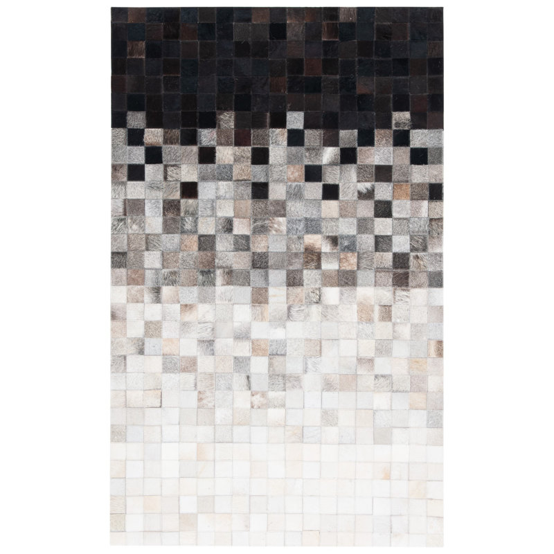 Carlino Hand Woven Leather/Felted Cloth Abstract Rug in Ivory/Black, Rectangle 3' x 5'