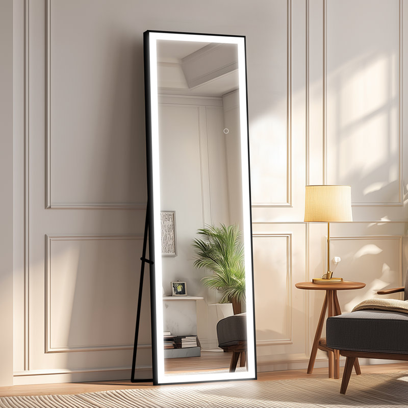 Miroir à DEL pleine longueur encadré avec verre trempé et anti-désargentage - Éclairage 3 couleurs, installation stable