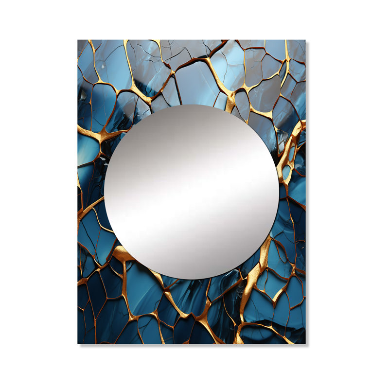 «Izhan» or et bleu marbre mosaïque agate I - miroir décoratif abstrait, miroir mural moderne, art imprimé en métal