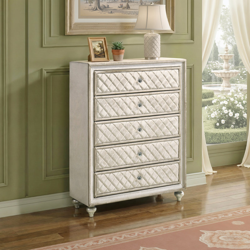Commode rembourrée 5 tiroirs Joie, velours beige